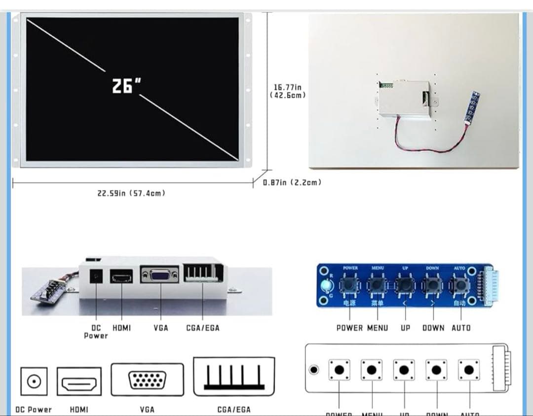 UNICO 26インチアーケード交換用モニター、HDMI/VGA/CGA/EGA
