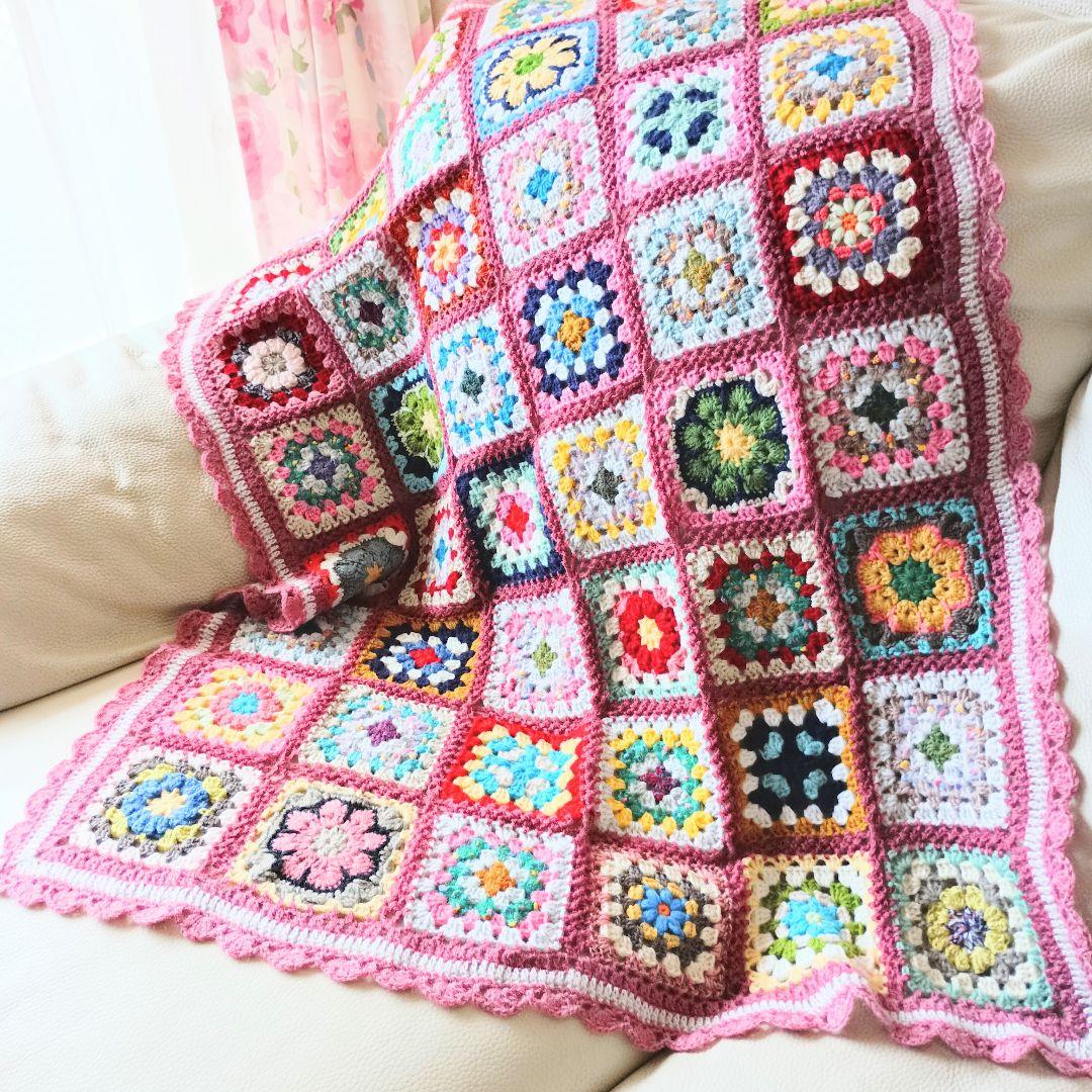 手編みブランケット★かぎ針編み★アフリカンフラワー★グラニースクエア★カラフル