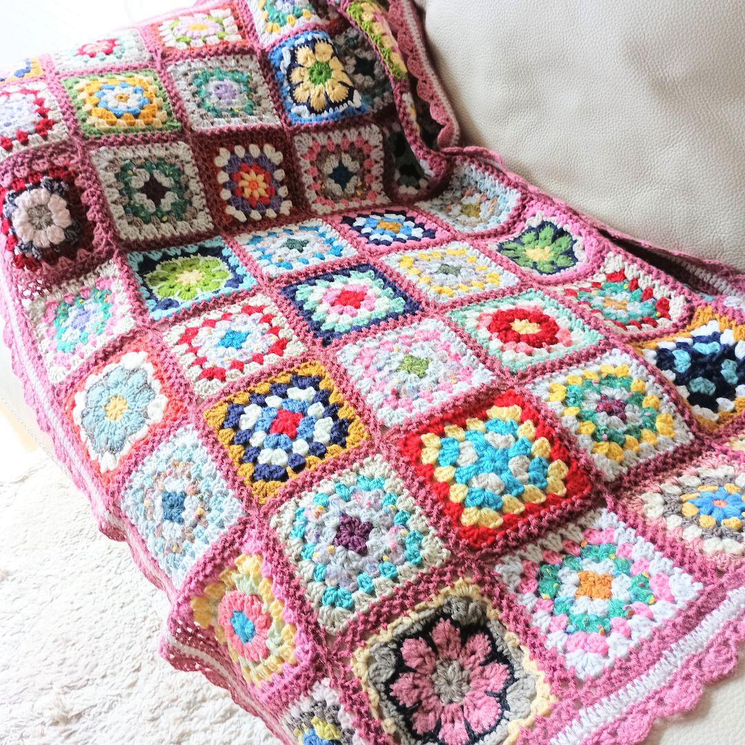 手編みブランケット★かぎ針編み★アフリカンフラワー★グラニースクエア★カラフル