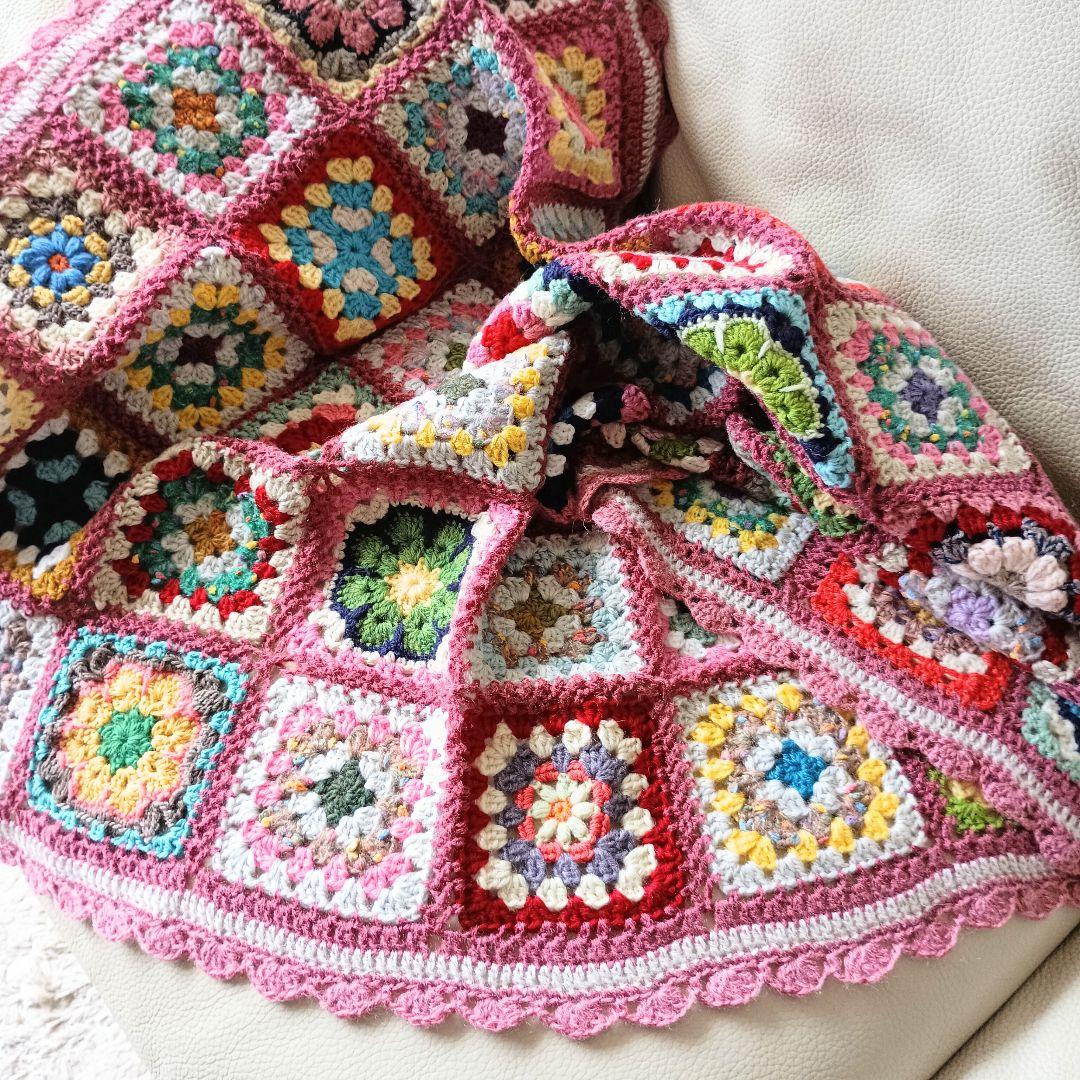 手編みブランケット★かぎ針編み★アフリカンフラワー★グラニースクエア★カラフル