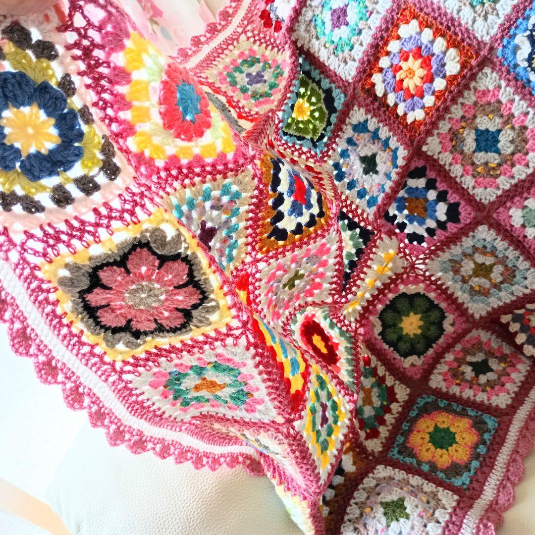 手編みブランケット★かぎ針編み★アフリカンフラワー★グラニースクエア★カラフル