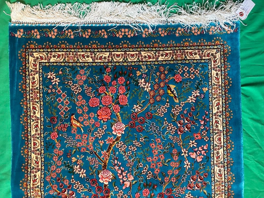 ペルシャ絨毯 青柄シルク 90cm×58cm