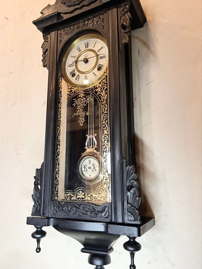 精工舎　黒塗スリゲル　柱時計　古時計　振り子　ゼンマイ　ボンボン　ユンハンス