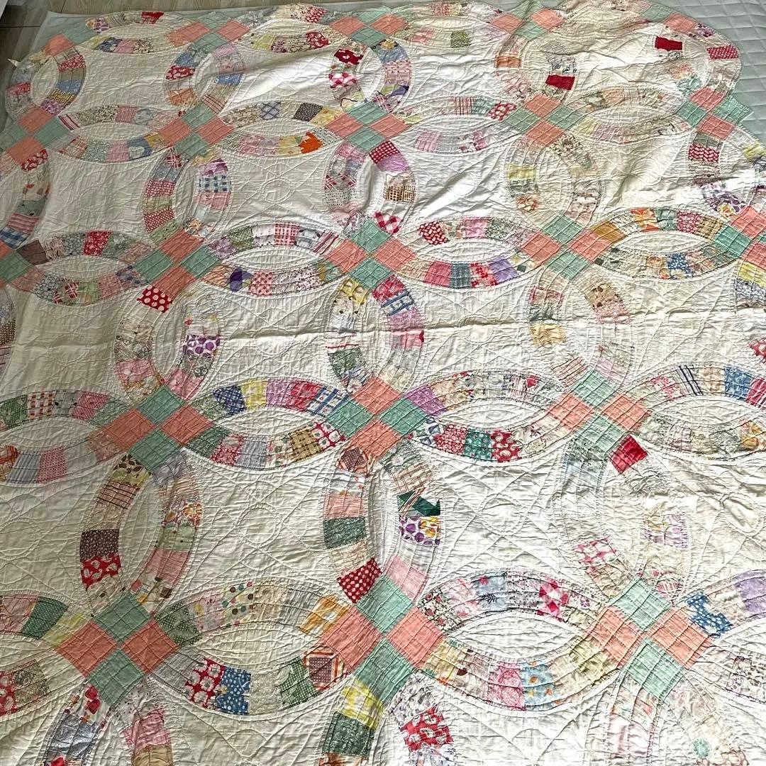 アンティークキルトビンテージ　パッチワークダブルウェディング　フィードサック