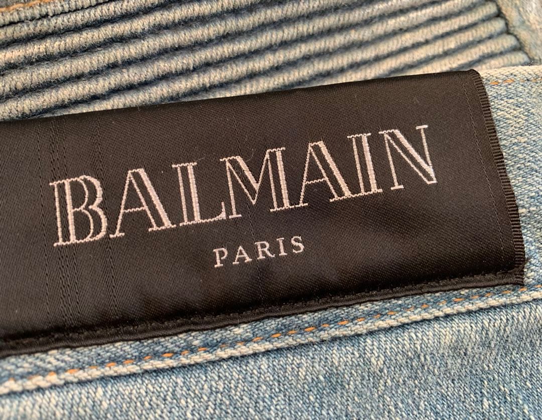BALMAIN バルマン Biker ZIP シルバー ペイントデニムジーンズ