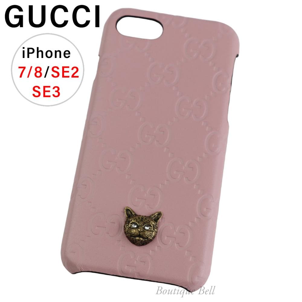 【グッチ】レザーグッチシマ キャット猫 iPhone7/8/SEケース ピンク