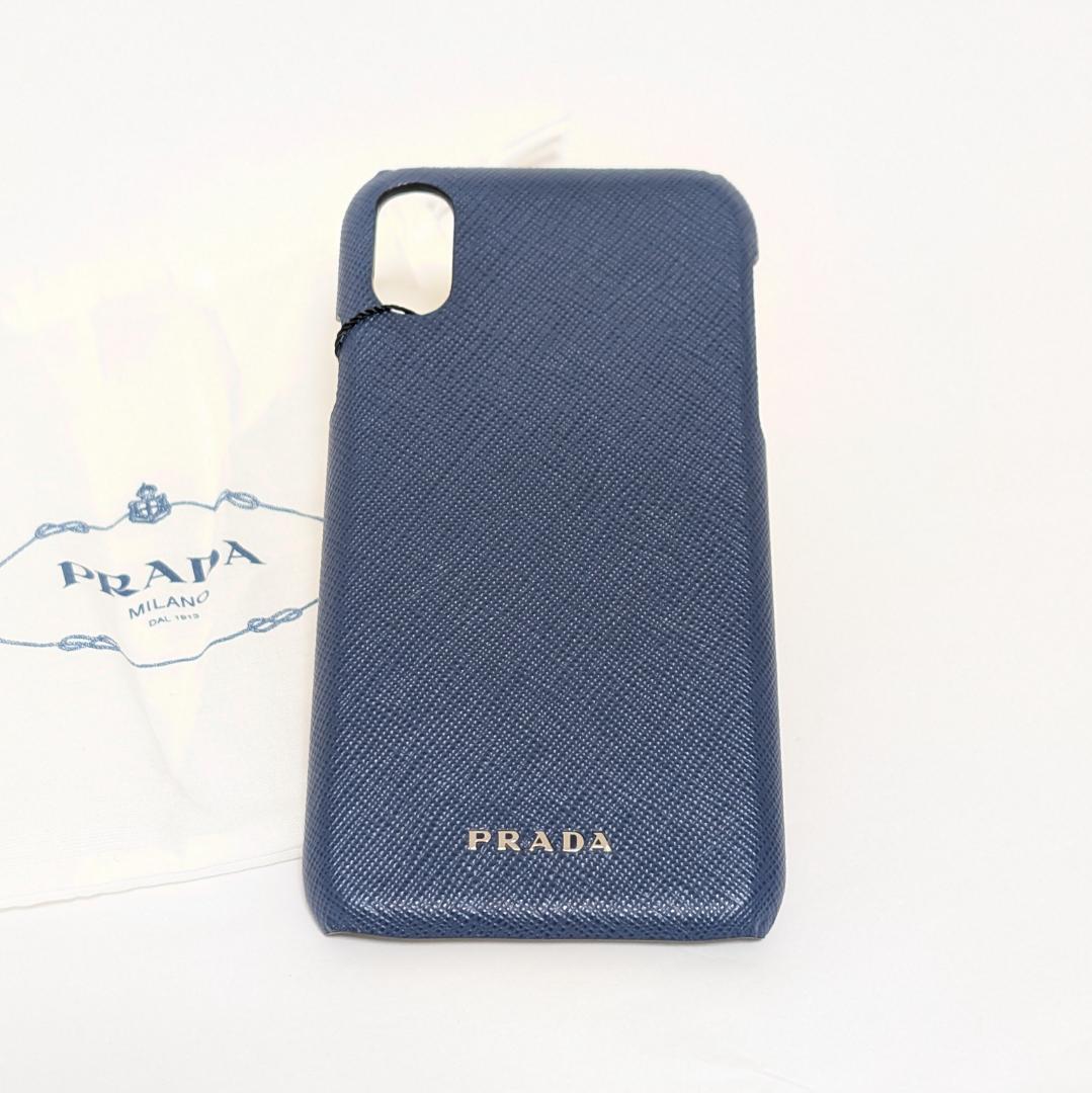 PRADA iPhoneXRケース サフィアーノレザー ネイビー×シルバーロゴ