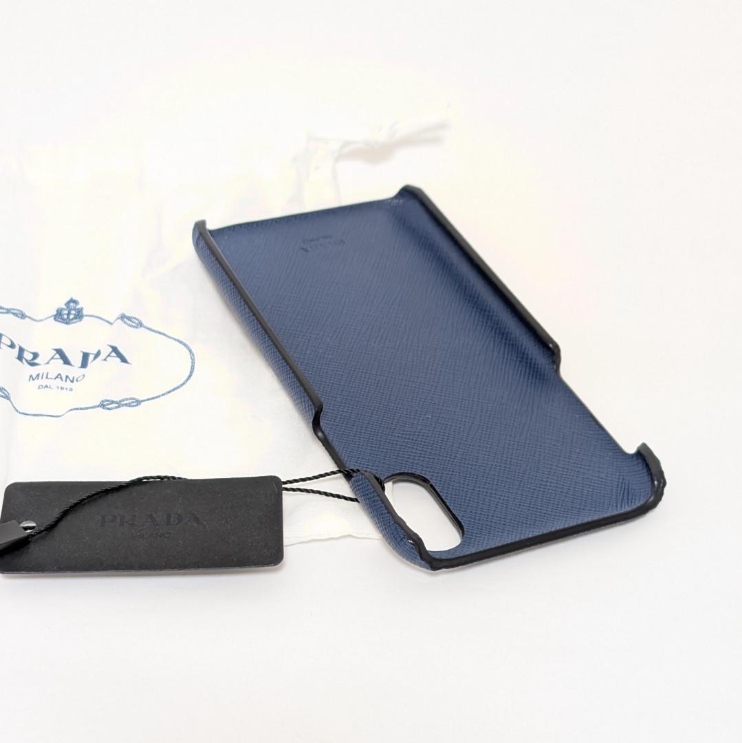 PRADA iPhoneXRケース サフィアーノレザー ネイビー×シルバーロゴ