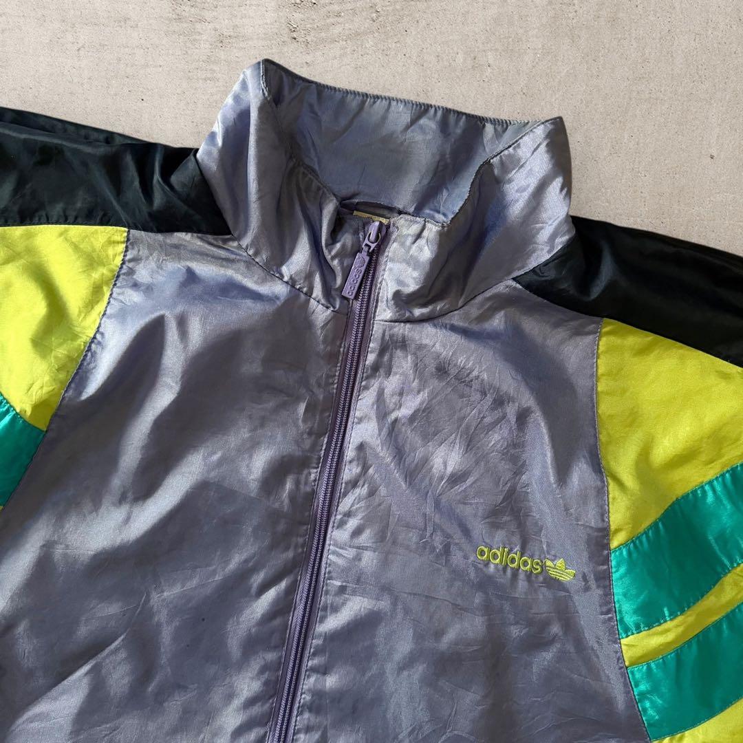 希少80sアディダスナイロンジャケットトレフォイル刺繍ロゴ好配色Y2Kレトロ古着