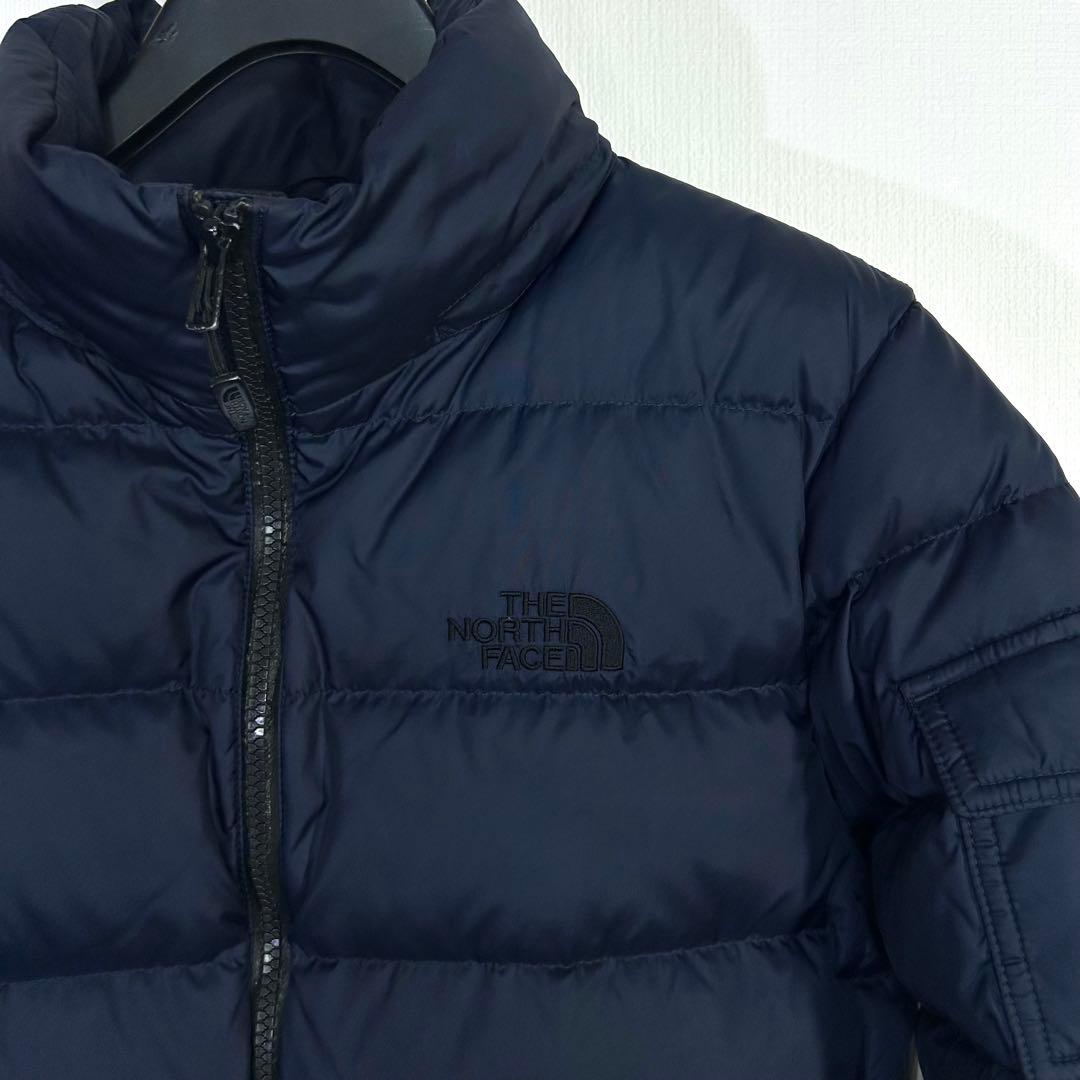 美品希少 ノースフェイス ダウンジャケット レディースL ネイビー ロゴ刺繍
