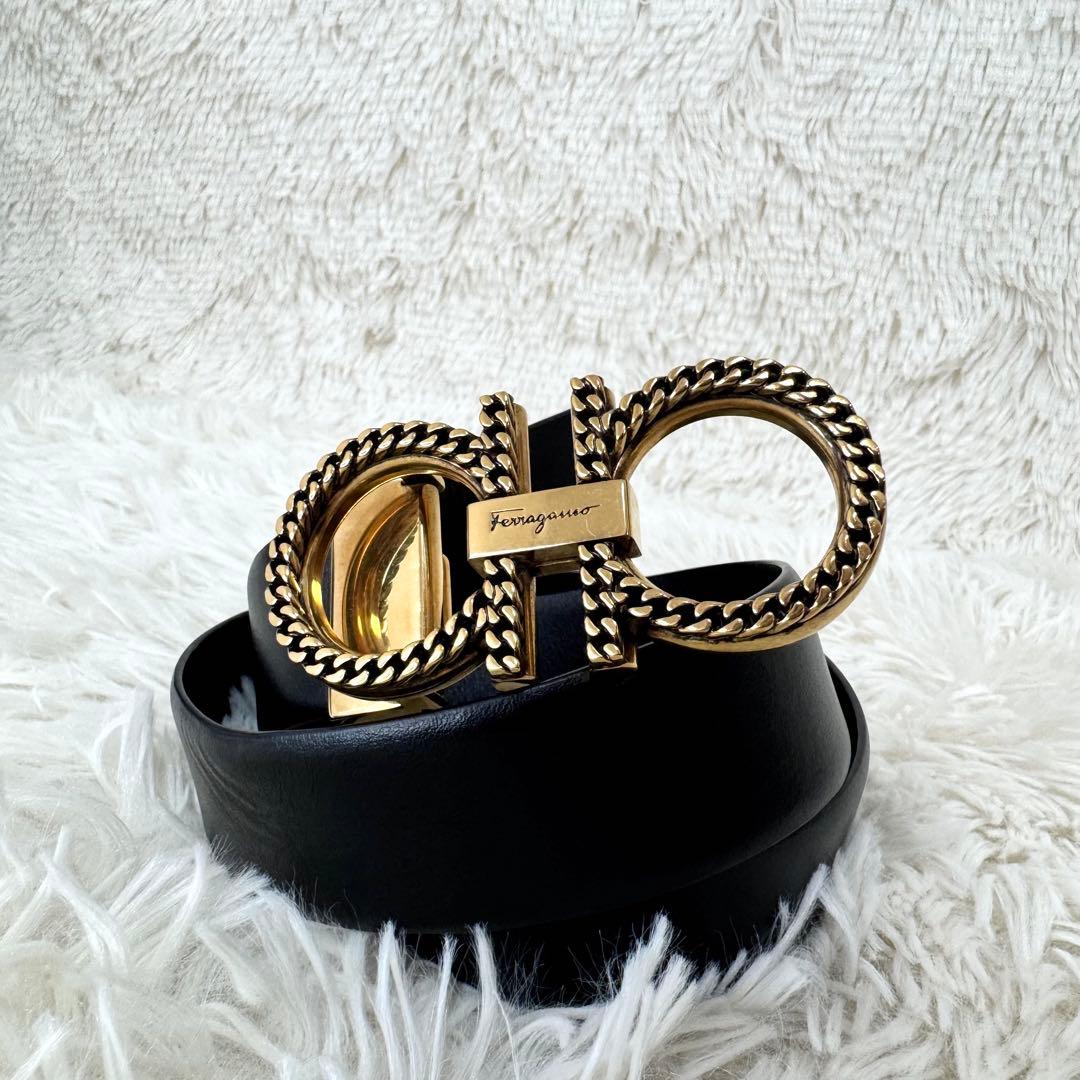 希少 フェラガモ ダブルガンチーニ ベルト ロープ ゴールド ブラック