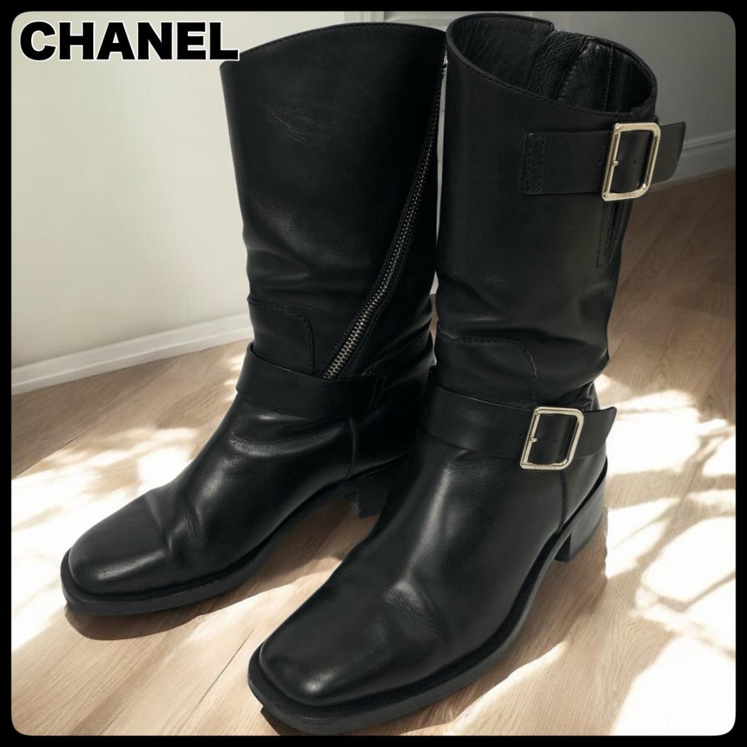 シャネル ココマーク エンジニアブーツ 35C レザー ブラック サイドジップ