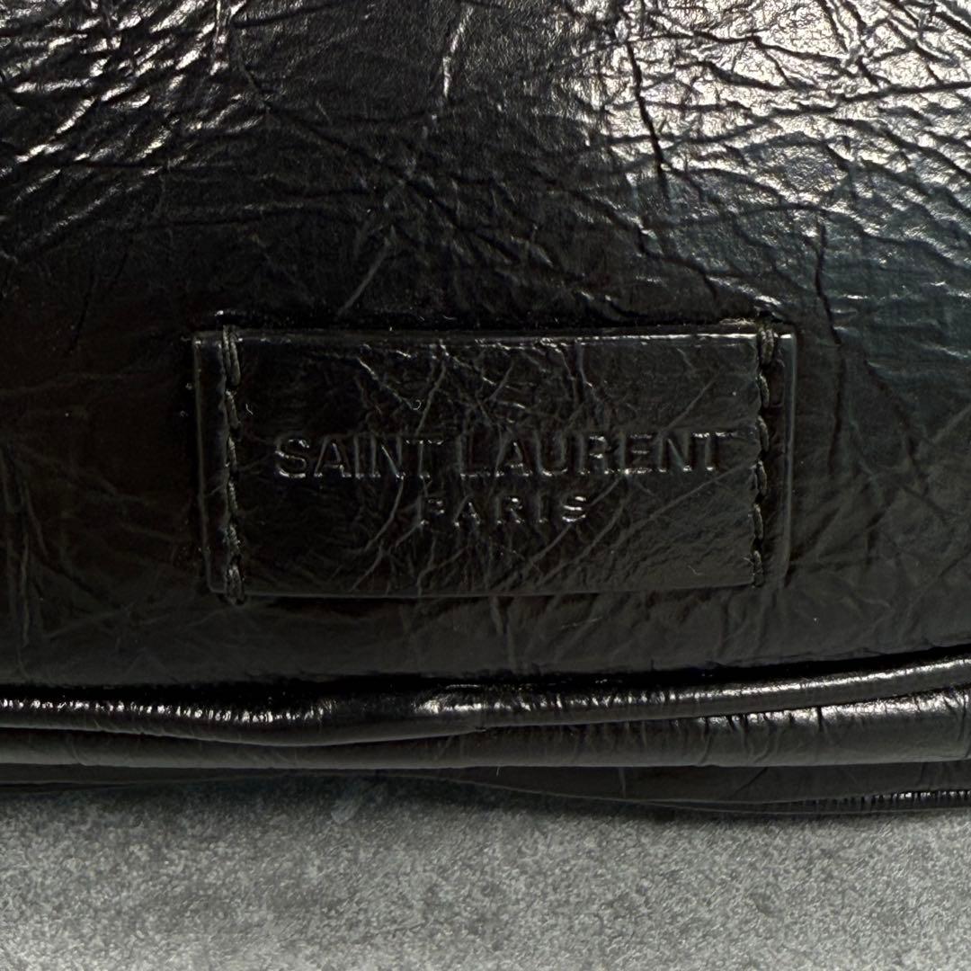 美品 サンローラン ロゴ エンボス レザー メンズ ウエスト ボディバッグ 黒