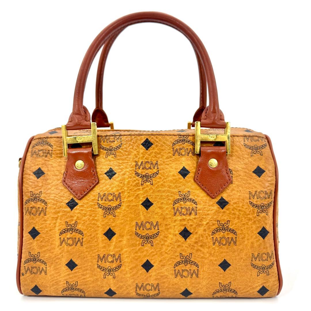 ✨美品✨MCM ミニボストン ハンドバッグ ロゴプレート 総柄 旅行バッグ 茶