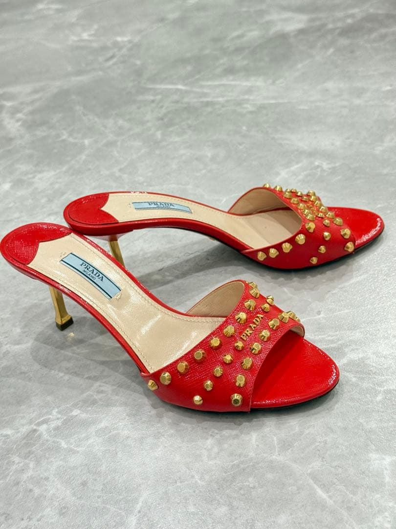 PRADA プラダ スタッズ ミュールサンダル レッド×ゴールド37½