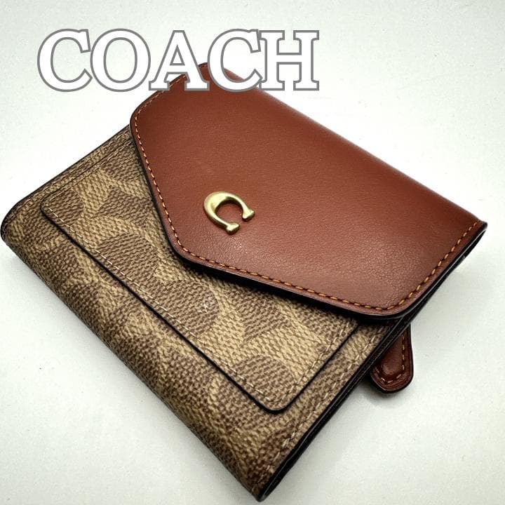 COACH 三つ折り財布 ミニ財布 シグネチャー柄コンビデザイン Cロゴ
