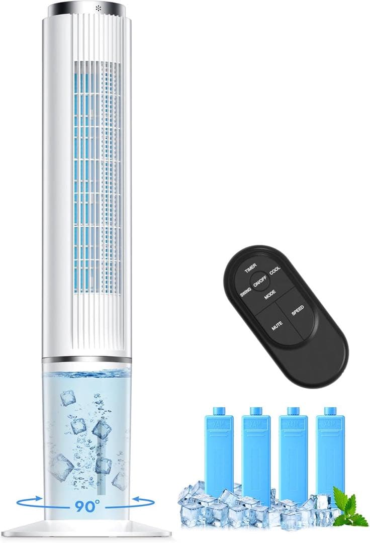 冷風機4L着脱式水タンク 90°首振り 縦型タワーファン12畳 PSE認証済み