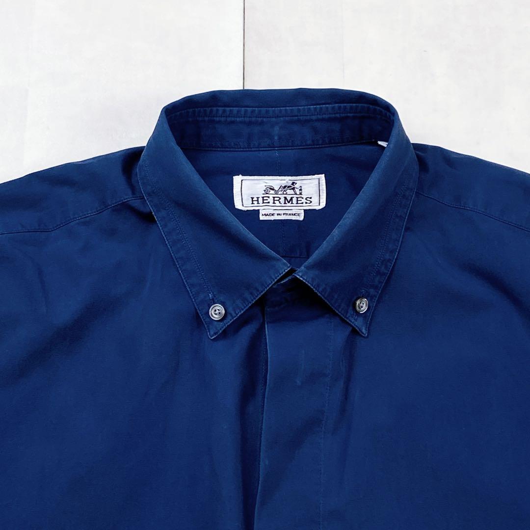 HERMES コットンシャツ 15 3/4 首回り40 ネイビー ボタンダウン