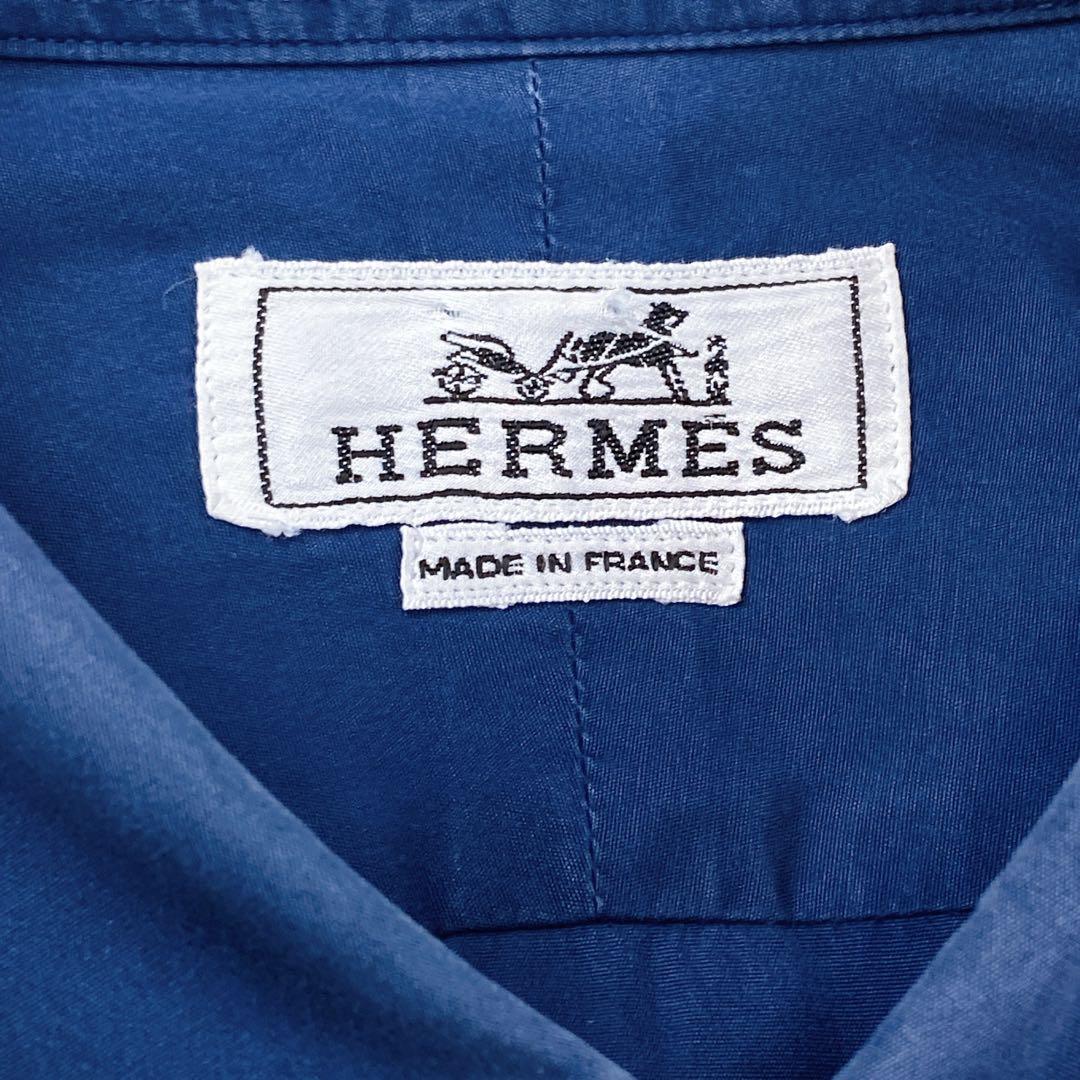 HERMES コットンシャツ 15 3/4 首回り40 ネイビー ボタンダウン