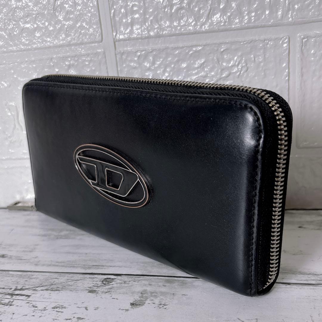 美品 DIESEL ディーゼル レザー 長財布 ラウンドファスナー 黒 Dロゴ