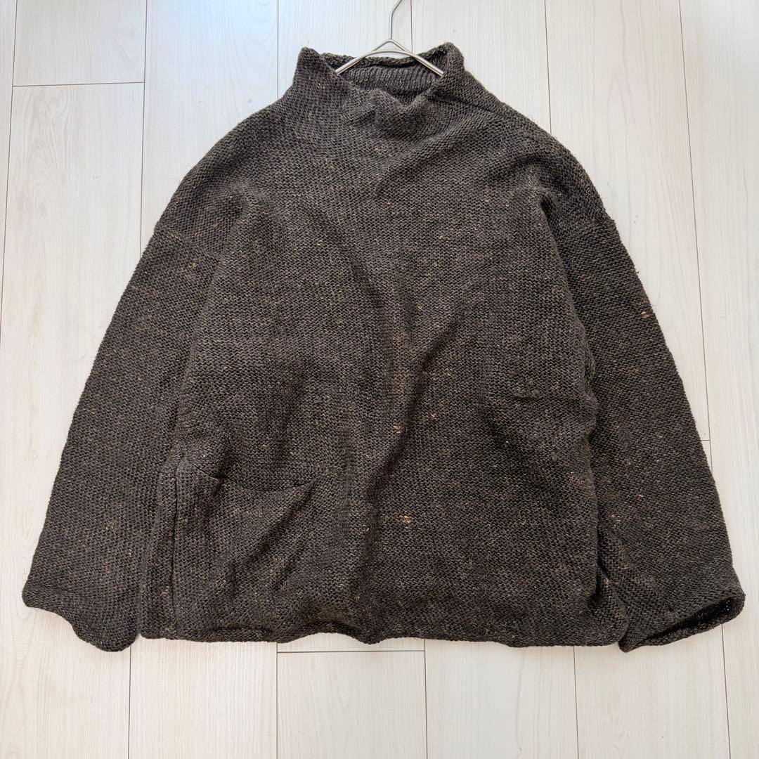 美品✨45R R刺繍リネン100 ざっくり編み モックネックニットプルオーバー