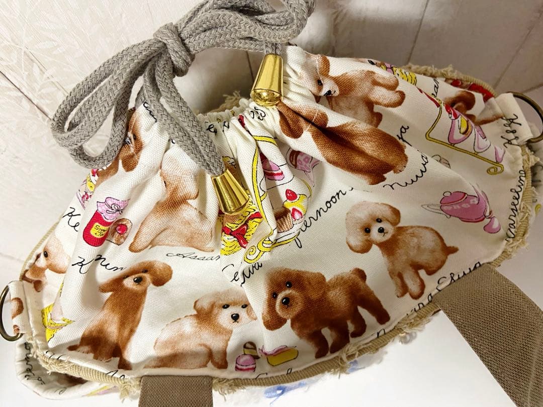 デニムリメイクバックS ベージュフリンジ×わんちゃん