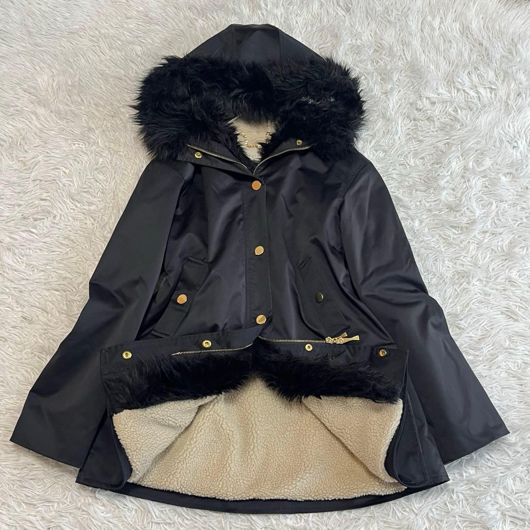 美品 ケイトスペード モッズコート 裏ボア ファー付き アウター 黒