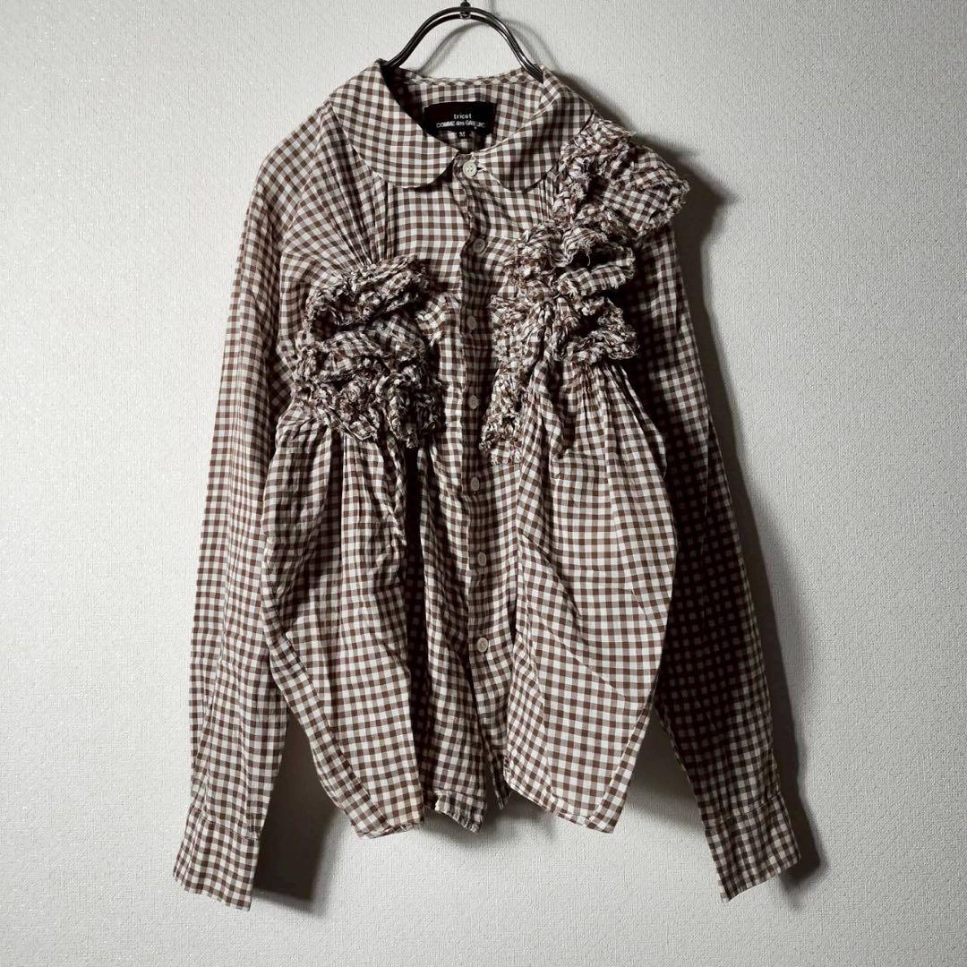 トリココムデギャルソン 立体フリルシャツ チェック バラ 花 丸襟 コットン綿