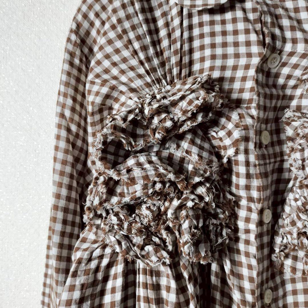 トリココムデギャルソン 立体フリルシャツ チェック バラ 花 丸襟 コットン綿