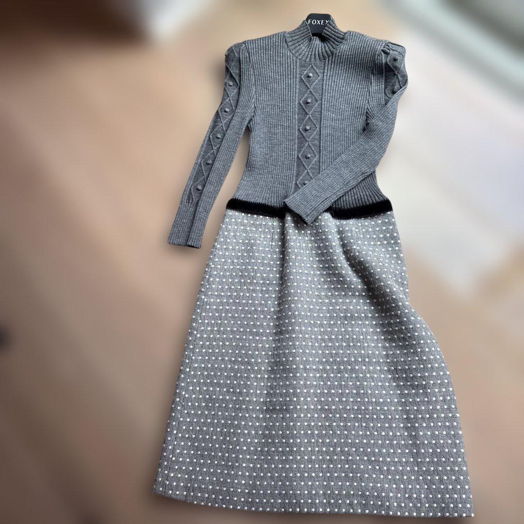 エムズグレイシー　グレー 長袖 ひざ丈ワンピース
