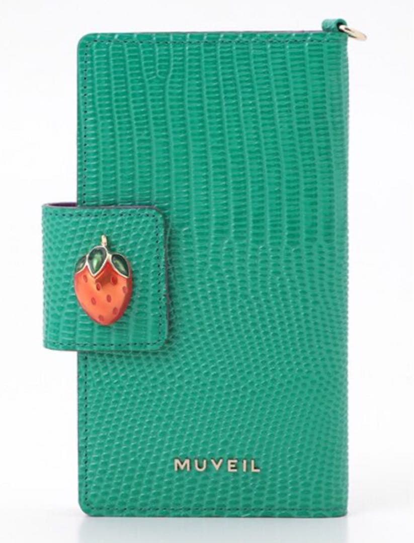 MUVEILミュベールスマホケース手帳タイプ　グリーンxイチゴ