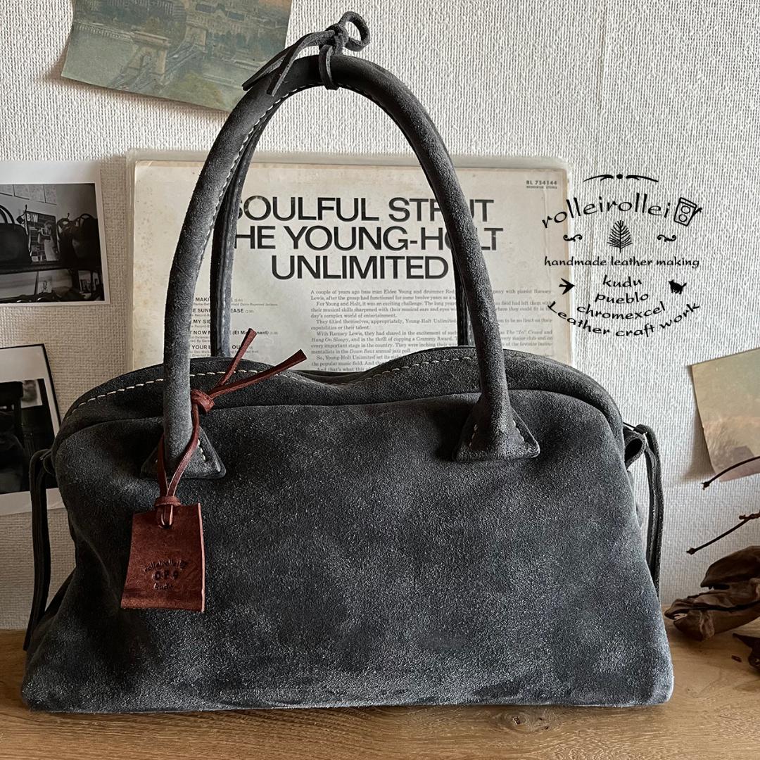 グレー スエード ボストンバッグ　kudu革ボストンバッグ　シンプル　秋冬バッグ