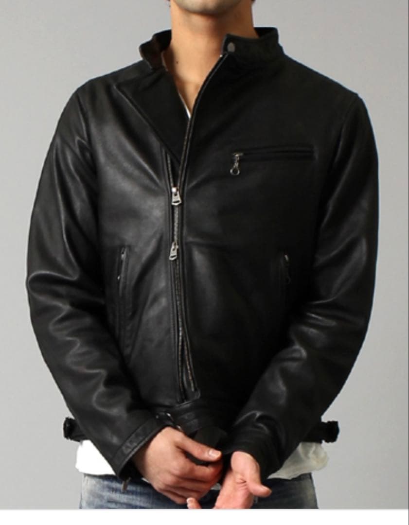 【美品】ビームス ライダース ジャケット シングル ノーカラー やぎ革 黒 S