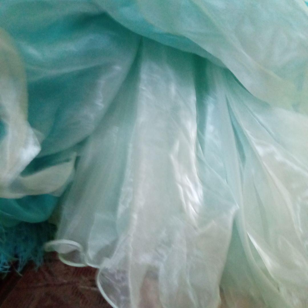 【再値下げ】社交ダンス スタンダードドレス 片方肩デザイン水色　羽　付属袖付き