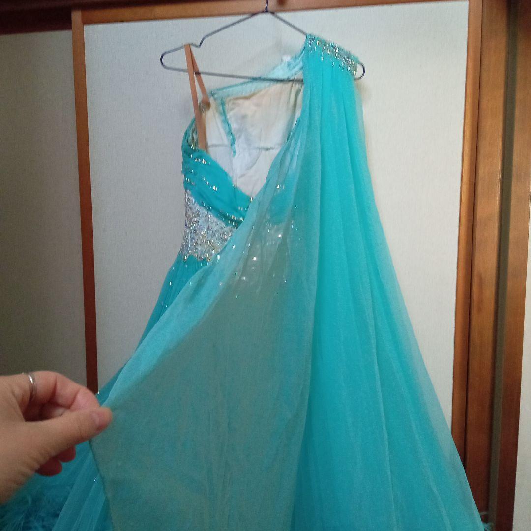 【再値下げ】社交ダンス スタンダードドレス 片方肩デザイン水色　羽　付属袖付き