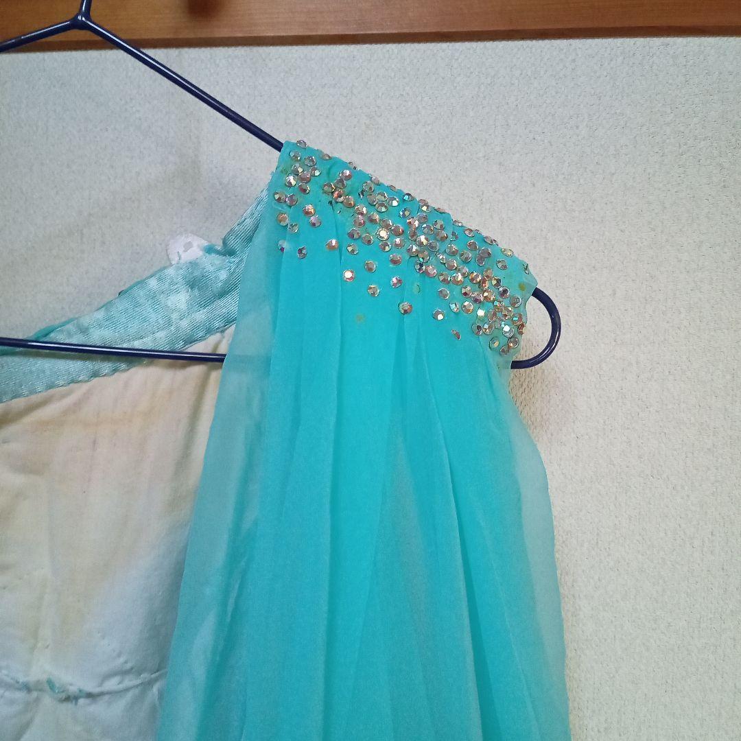 【再値下げ】社交ダンス スタンダードドレス 片方肩デザイン水色　羽　付属袖付き