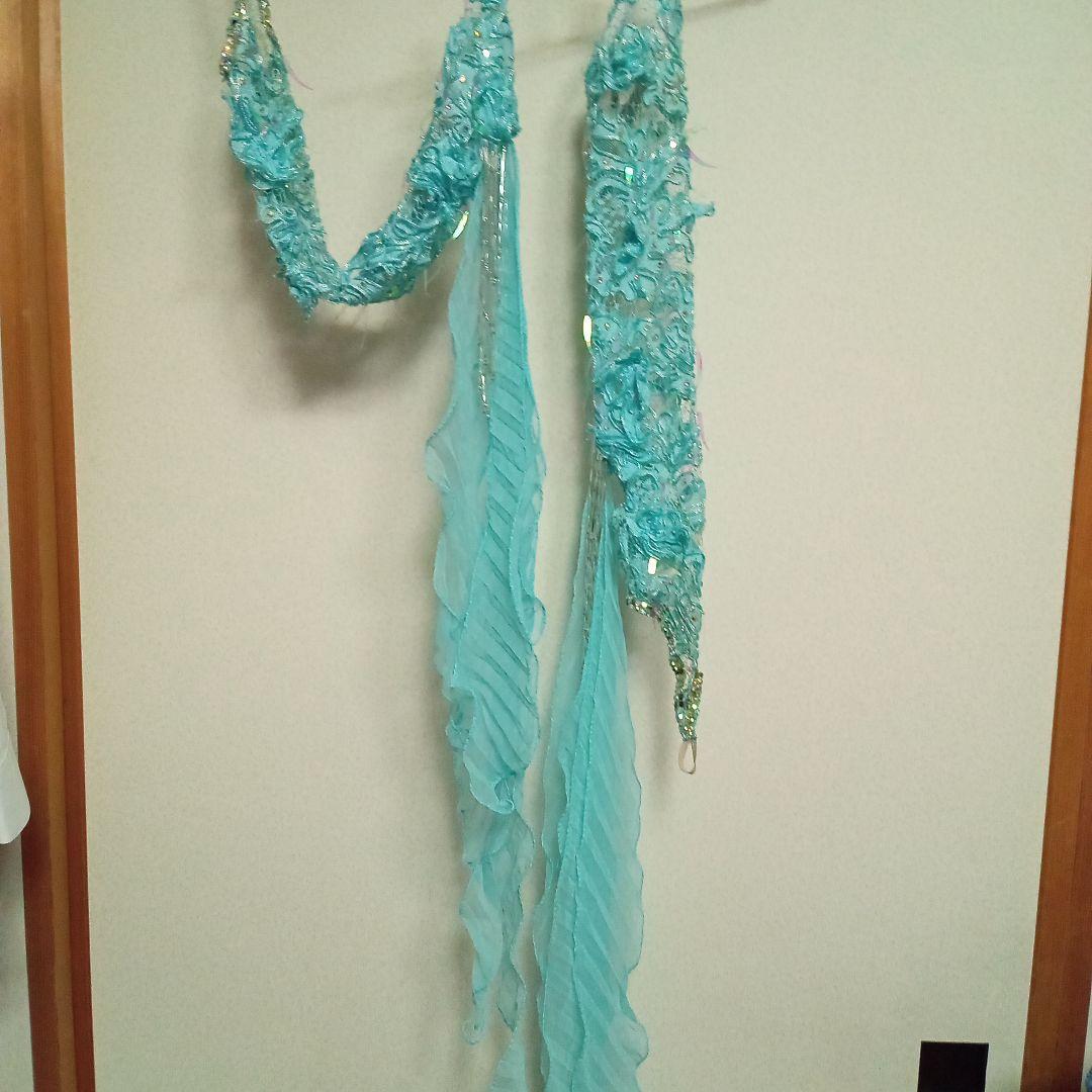 【再値下げ】社交ダンス スタンダードドレス 片方肩デザイン水色　羽　付属袖付き