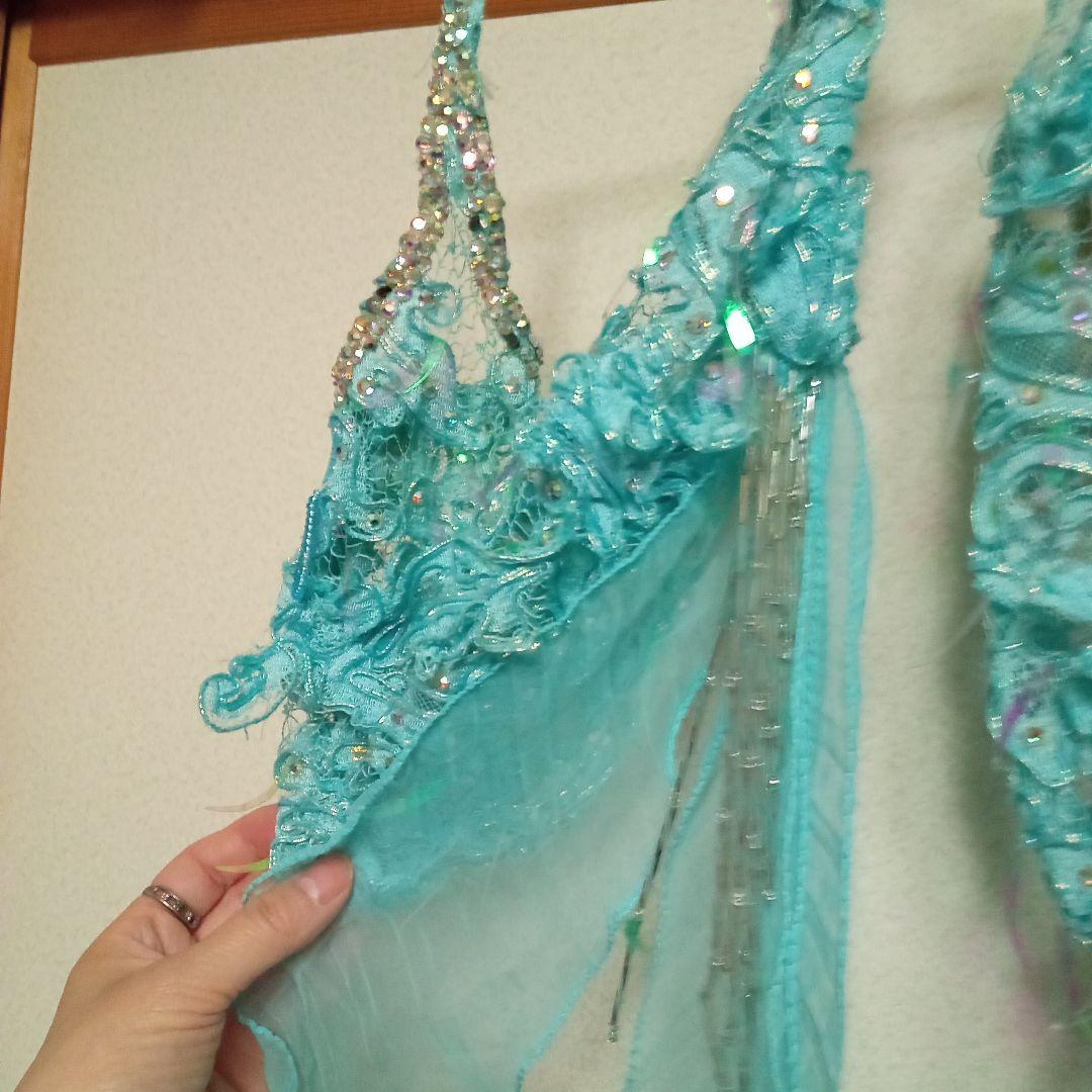 【再値下げ】社交ダンス スタンダードドレス 片方肩デザイン水色　羽　付属袖付き