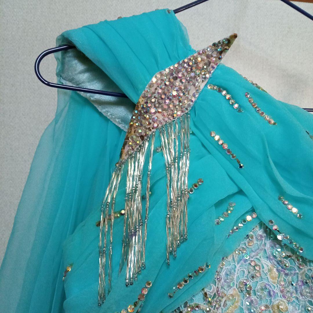 【再値下げ】社交ダンス スタンダードドレス 片方肩デザイン水色　羽　付属袖付き