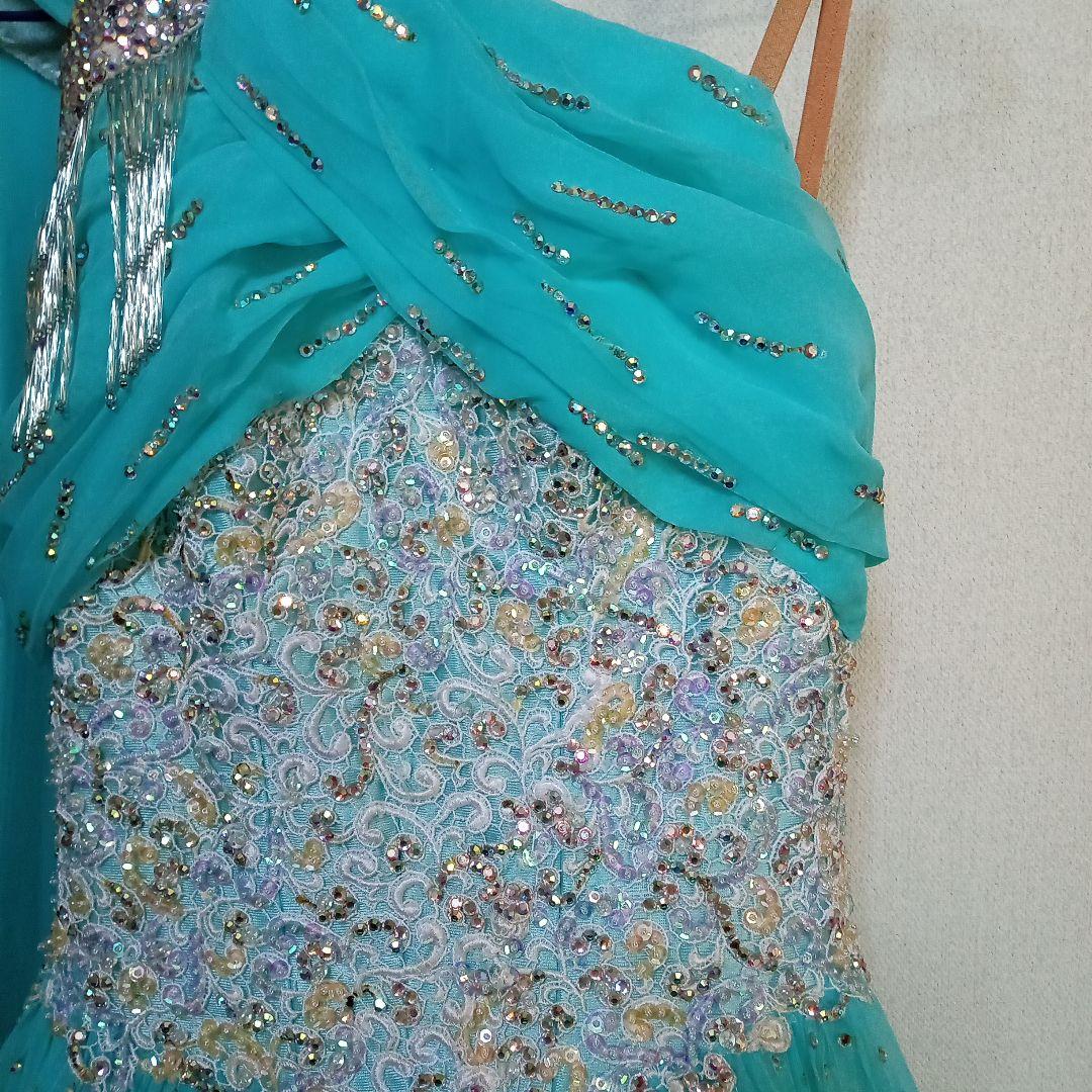 【再値下げ】社交ダンス スタンダードドレス 片方肩デザイン水色　羽　付属袖付き