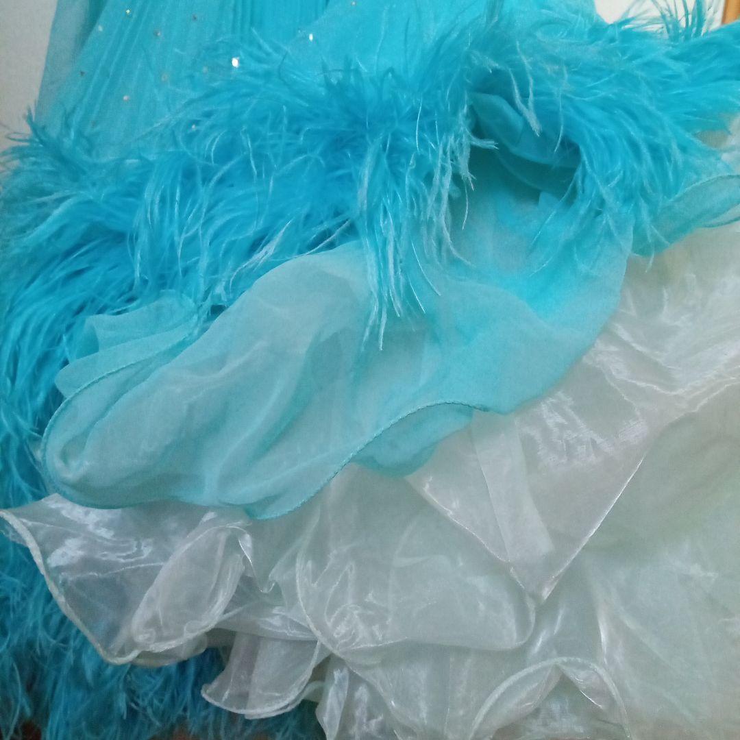 【再値下げ】社交ダンス スタンダードドレス 片方肩デザイン水色　羽　付属袖付き