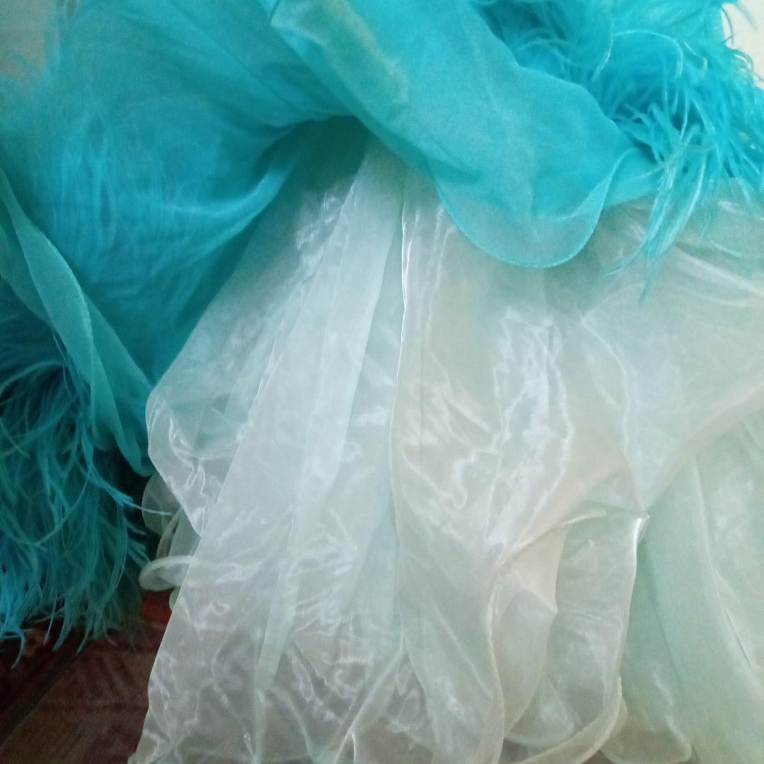 【再値下げ】社交ダンス スタンダードドレス 片方肩デザイン水色　羽　付属袖付き