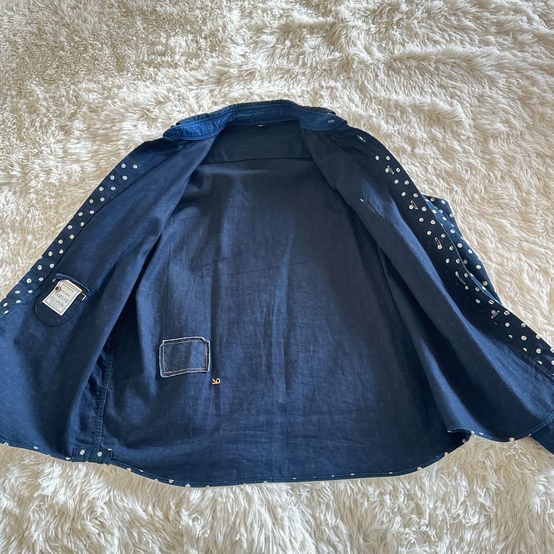 美品 45R インディゴ抜染ドット ボタンダウンシャツ 粟サテン 水玉 バスク