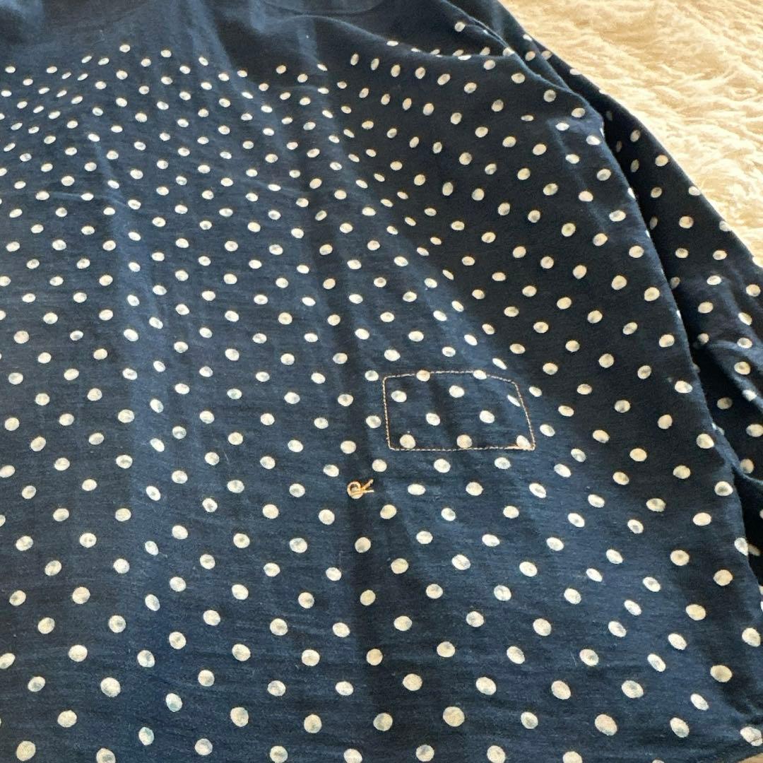 美品 45R インディゴ抜染ドット ボタンダウンシャツ 粟サテン 水玉 バスク