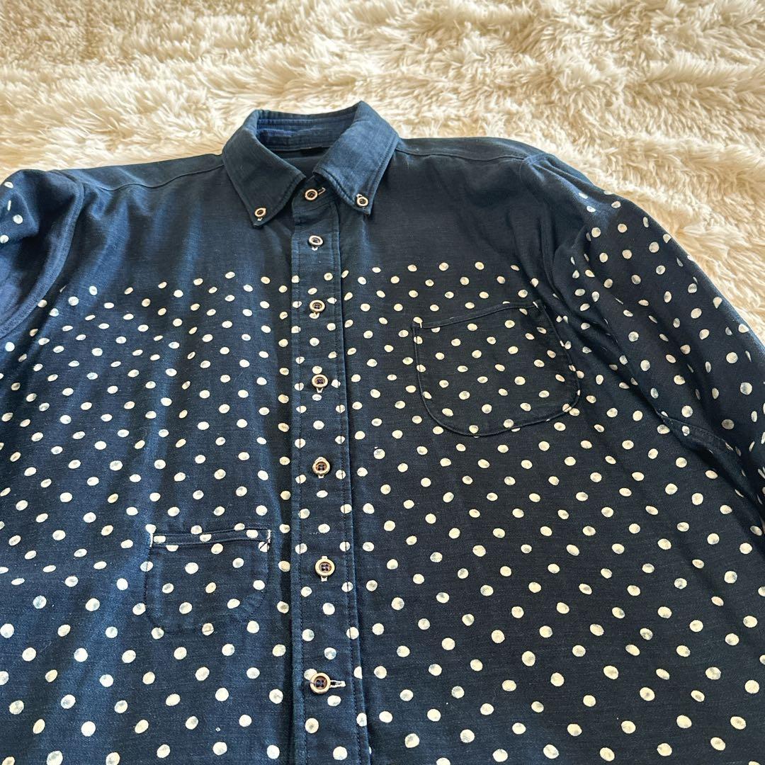 美品 45R インディゴ抜染ドット ボタンダウンシャツ 粟サテン 水玉 バスク