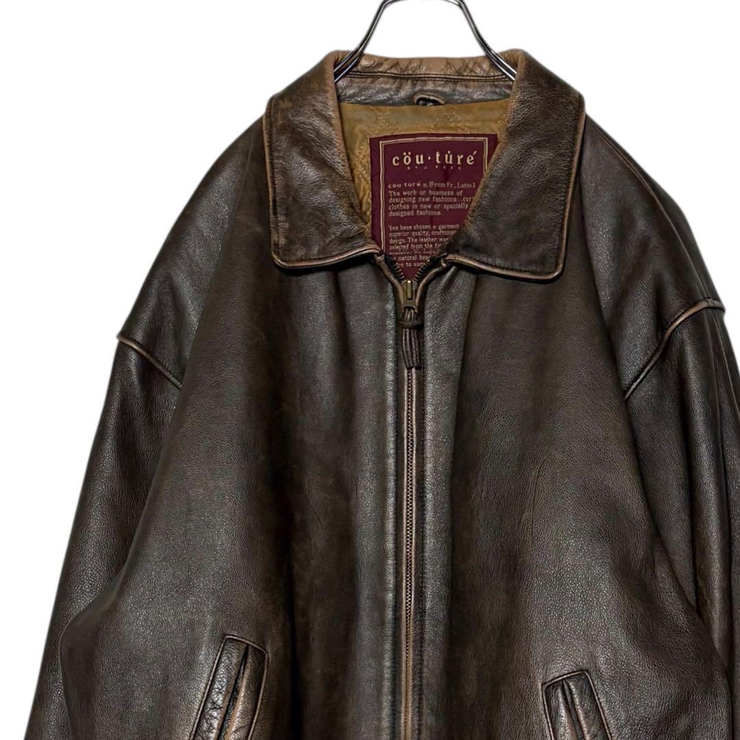 古着 本革レザージャケット 茶色 XL ジップアップ ブルゾン ブラウン革ジャン