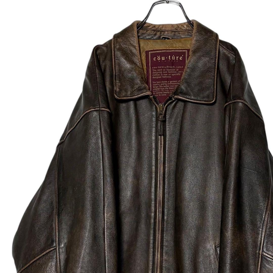 古着 本革レザージャケット 茶色 XL ジップアップ ブルゾン ブラウン革ジャン