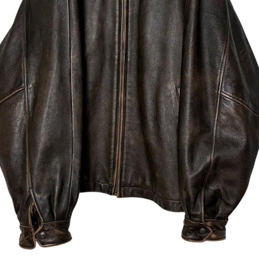 古着 本革レザージャケット 茶色 XL ジップアップ ブルゾン ブラウン革ジャン