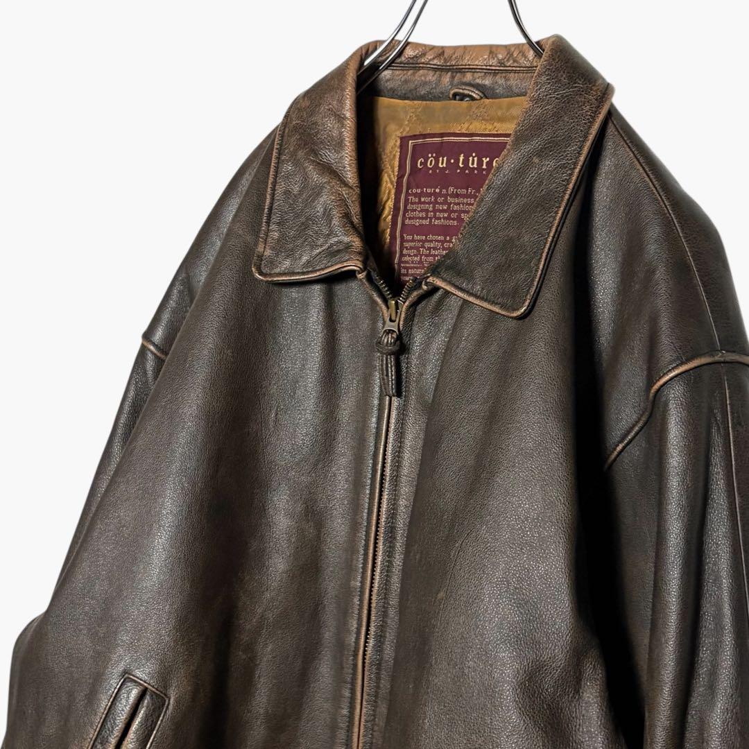 古着 本革レザージャケット 茶色 XL ジップアップ ブルゾン ブラウン革ジャン