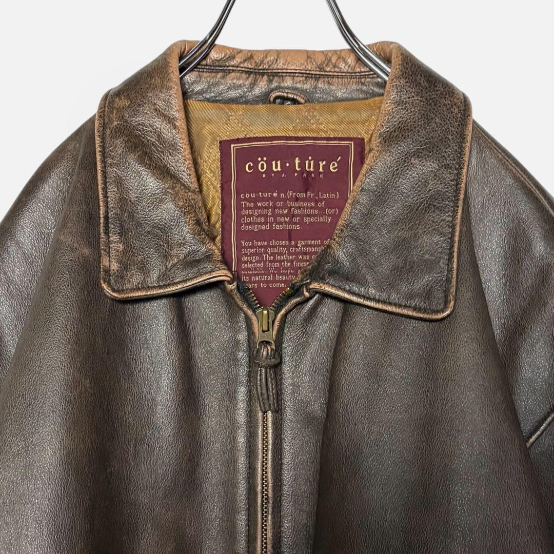 古着 本革レザージャケット 茶色 XL ジップアップ ブルゾン ブラウン革ジャン